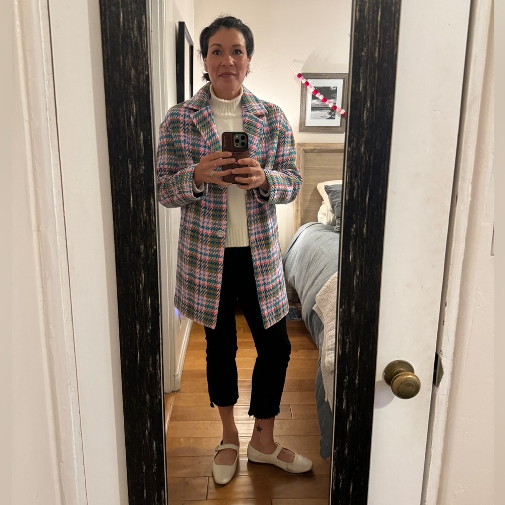 ASOS Design formal check coat. Size 4. NWT! Light pink, blue and green plaid.